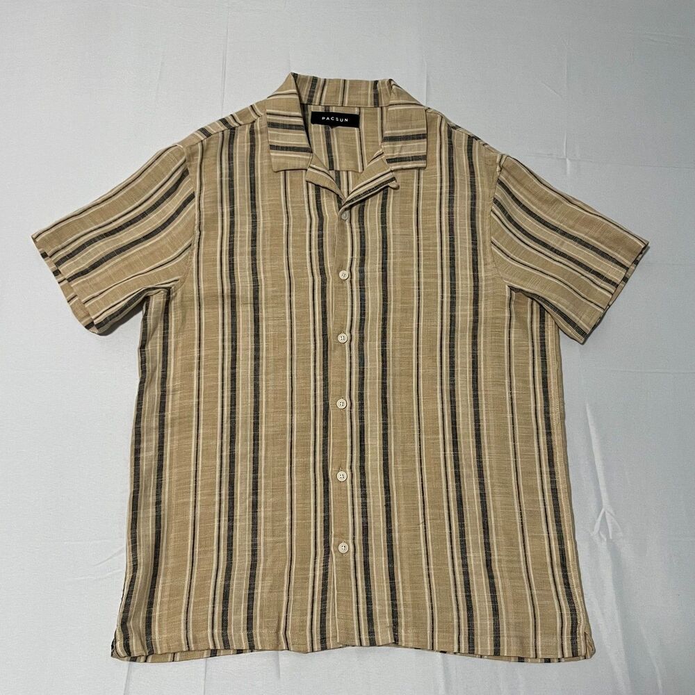PacSun Men's Striped Short Sleeve Button Up Shirt Beige Black Cotton Size M